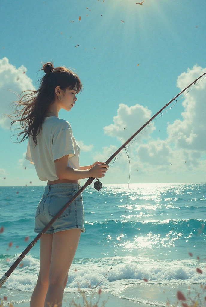 a big breasted girl is sitting on a small boat in the ocean, hand holding fishing rod, bikini, taiwandolllikeness, Taiwan, bangs, pale skin, eyes gazed towards the ocean, (realistic)