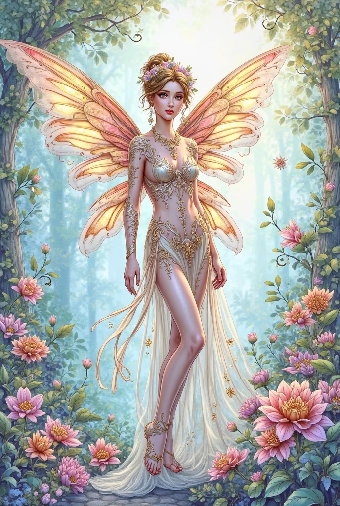 <lora:add-detail-xl:2.0>, <lora:xl_more_art-full-xl:0.6>, <lora:envyzoomsliderxl01-xl:-0.8>, a regal looking beautiful fae in a luxurious dress with colorful translucent wings in a flowery glade, glow worms, (by archan nair:1.4), (by william turner:1.2), (by claude monet:1.2), (by henry asencio:1.1), (by edgar degas:1.1), (by pierre-auguste renoir:1.1), (by gustav klimt:1.1), (by alphonse mucha:1.1), art nouveau, golden hour, front lighting, side lighting, epic, dramatic, dynamic, mythical, legendary, ethereal, dreamy
