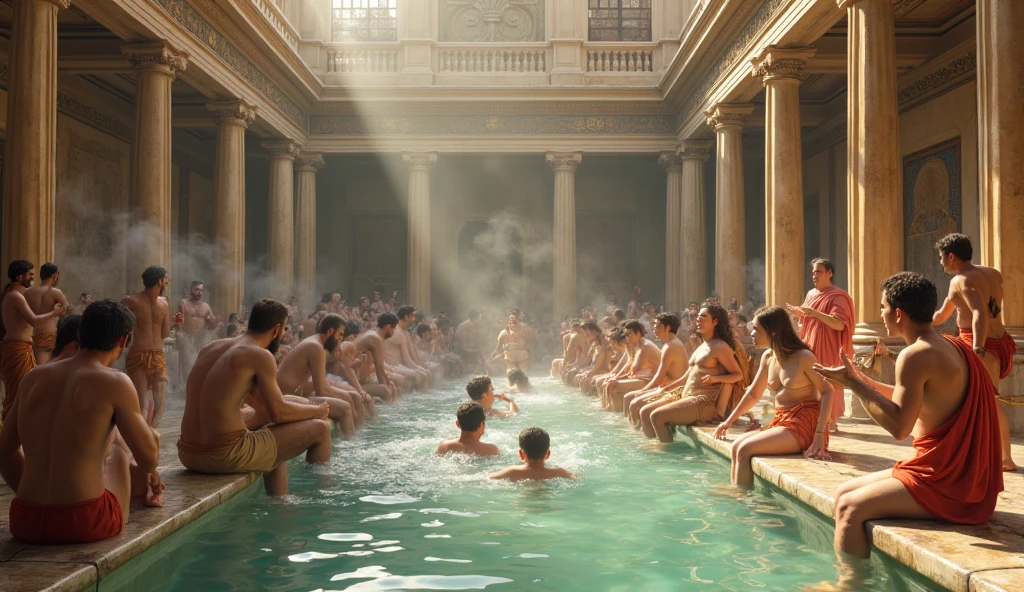 super smut and obscene orgy sex party at A large hot bath pool within the harem teems with concubines performing their duties, all unclothed. Some sing, others dance, while a few swim gracefully. The Emperor and his guests, also undressed, indulge themselves with the concubines.