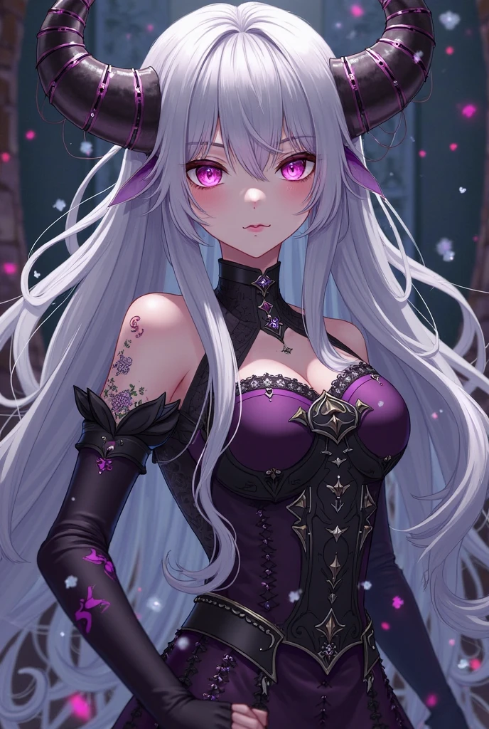 gothic castle, A female Milf demon with long silver hair and purple locks with elf ears and black demonic horns, Yellow eyes of the demon, pupila vertical, (olhos incrivelmente detalhados), rosto maduro e adulto com um sorriso perverso para os espectadores, dentes de vampiro, corpo volumoso com seios e busto enormes, pale skinned, vestido de noiva, Catedral branca iluminada e linda, corpo volumoso com seios e busto enormes, Cabelo prateado com mechas roxas ,(yellow demonic eyes), olhos brilhantes, Moda realista, sysie high definition details, fotografia, perspicacity, unique 850 4, Koda850 k portrait camera, Primavera F1.6, cores ricas, Textura super realista, textura de luz espetacular, arte surreal, Cinestil 800 mecanismo de moda.