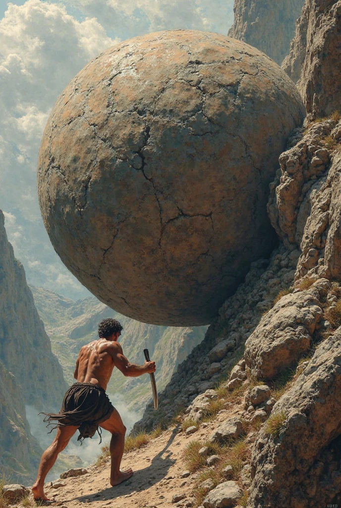 Believe me, a man carrying a very large stone climbing mountain steps