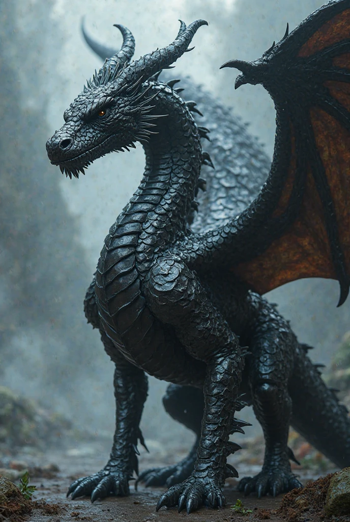 A realistic black big dragon, so realistic that he could exist. Like the G.O.T dragons, with a long neck. His front legs are his wings