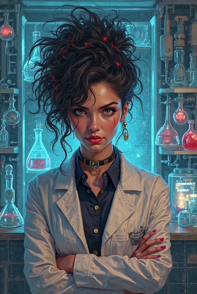 a natural white female, with long straight pink n black hair, plump lips, lashes, tattoos, diamond chain, flawless eyebrows, wearing as white lab coat, standing inside Dexter lab