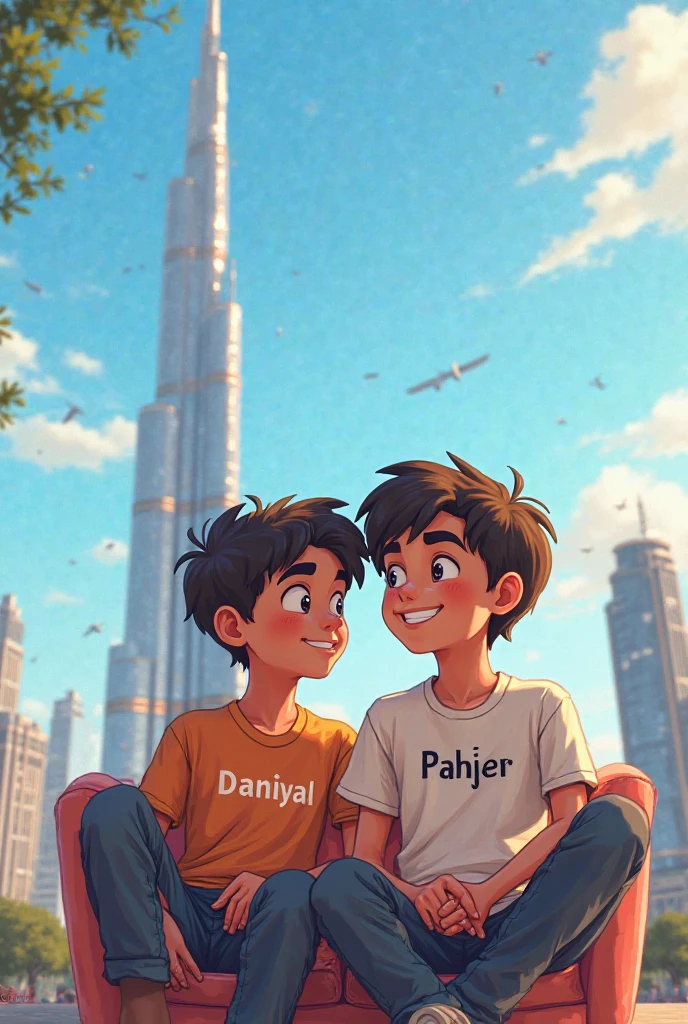 2 friends siting on the flight 1st boy name is yogesh written on the t shirt another noy name is niraj written on the t shirt 2d cartoon 2 friends are 10th std student background text best friend forever 