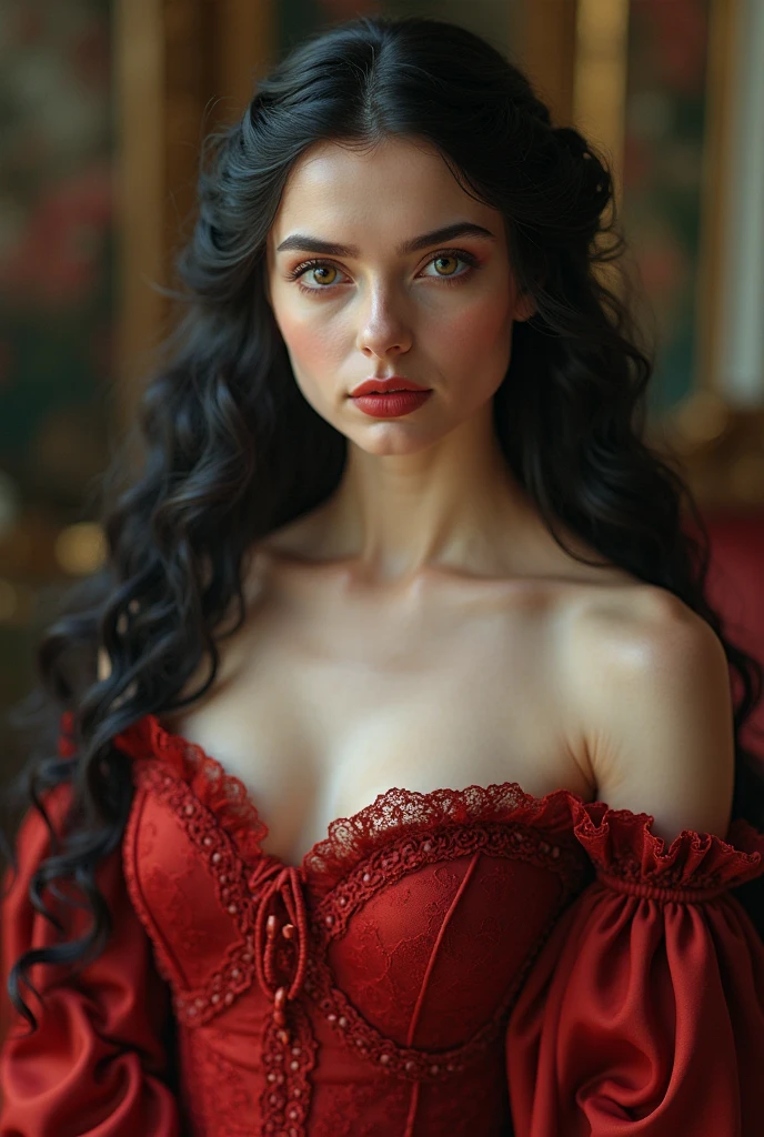 yiffymix masterpiece, black haired woman with dark brown eyes, beautiful, serious and confident expression, dressed as in the Victorian era with a beautiful wine-colored dress on her large image the slogan "rigor and affection"