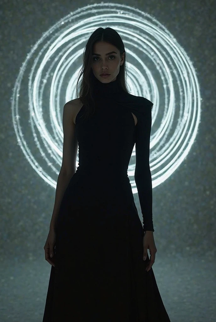 1girl, cool, confident, in front of a glowing perfect circular object, dramatic lighting, futuristic atmosphere, sleek attire, soft glow, ethereal ambiance, bold stance, minimalist background, powerful presence, (high quality, masterpiece:1.2), mystical scene, otherworldly vibe, detailed face, looking at viewer,