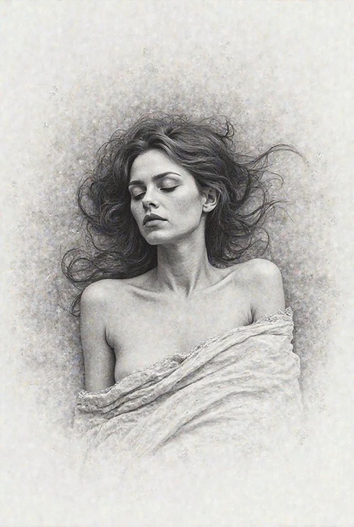 A delicate, graphite sketch portrays a naked woman lying in a flower field, her features rendered in subtle shading and precise lines. The framing is tight, focusing attention on the subject's serene face. Soft, feathery strokes convey the gentle texture of her hair, while the delicate curve of her neck is emphasized by the pencil's softness. The overall mood is contemplative, as if the woman is lost in thought.