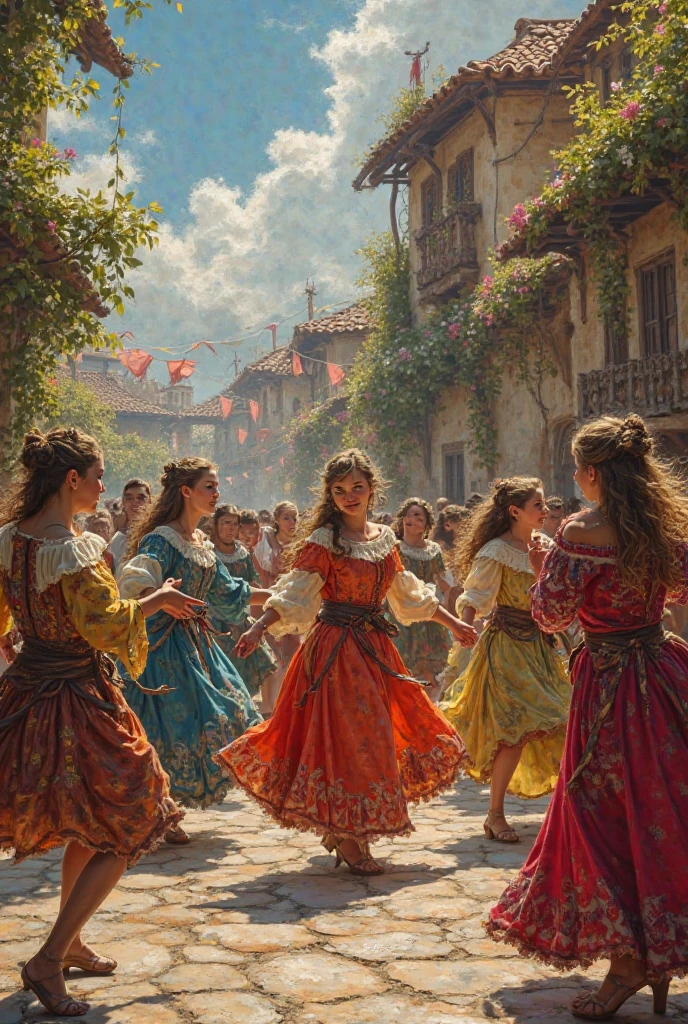 a medieval image with movement of people dancing in the background