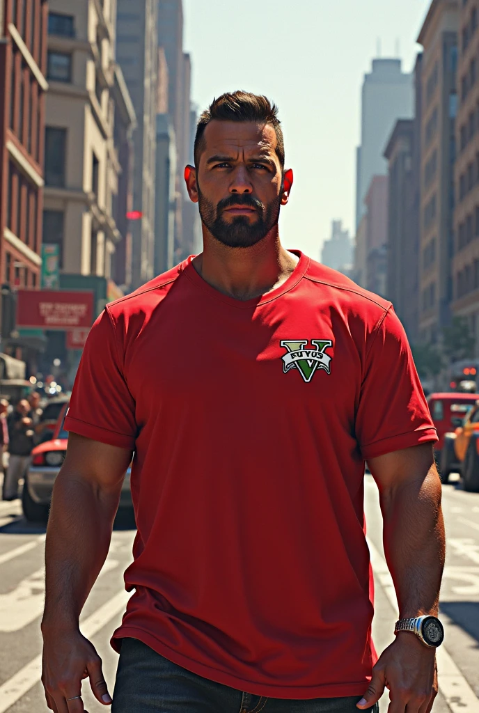 realistic photo of a alpha male man, virile mam, macho alpha male, caucasian white man, red t ahirt, black pants, a fire man, on street, sunshine, fireman, alpha male, handsome, perfect face, short perfect beard,, military hair
