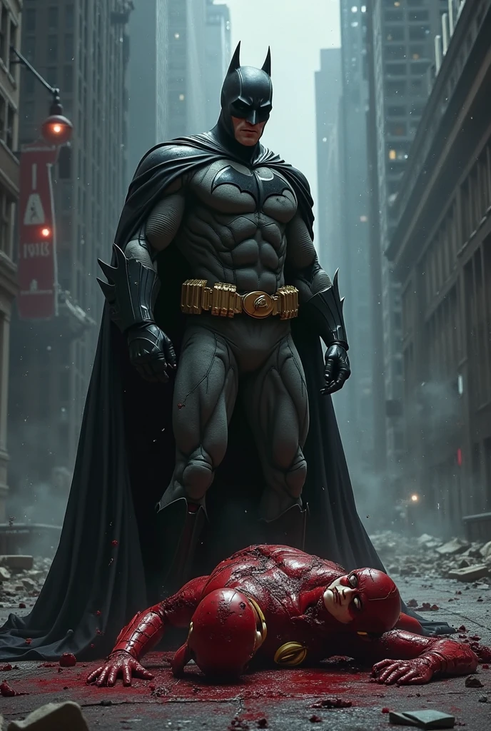 Superman standing with bloody fists and black suite and glowing red eyes, batman laying on the ground covered in blood with mask that resembles bat
