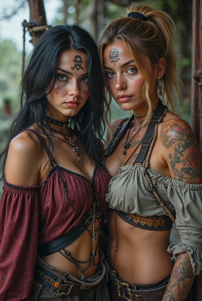deux jeunes femmes de 25 ans, calin, s'enlaçant, visage fin, cheveux long, tresses viking, , yeux bleus, tâches de rousseur sur tout le corps, HD, 8K, masterpiece, sourire romantique, visage charmeur, topless, viking tattoo, celtic tattoo, sous la pluie, sexy, guerrière viking, celtic tattoo, viking chest tattoo, dans une grotte, sous une cascade, sous la pluie, touching, carressing chest