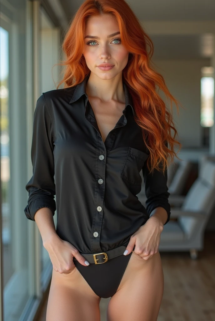 SFW, a portrait of a pole, long hair, freckles, only white button-down shirt open, amazing body, full body, pronounced feminine trait, kitchen, (redhead: 0.4), hyper-detailed, hyper-realism, ((best quality)), ((masterpiece)), (detailed), (no panties), cross-legged, (open shirt), (no pants), sensual, 8k uhd, Nikon 70d, ISO200, F/2.8, 1/25sec, 70mm