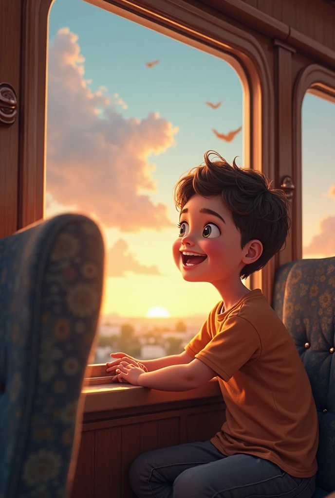 A brown skin, short, chubby boy with a short haircut looks at the clouds through the bus window with a small smile on his face. A paper lying on his hands.