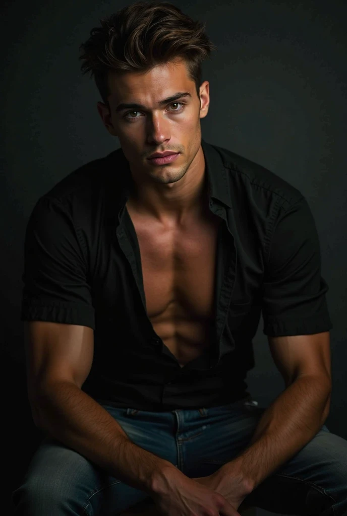 photograph of a handsome man with medium dark brown wavy hair and beard, He is naked, he is sitting sideways on a chair, leaning on a bench, professional photography, sensual gay shoot, photography with studio lighting in a dark environment, high resolution showing the penis and large pecs