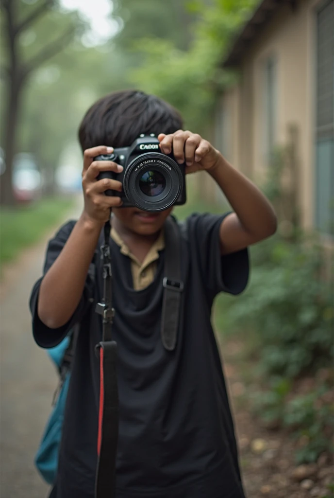 A boy look like indian smiling with dslr camera innhis hand