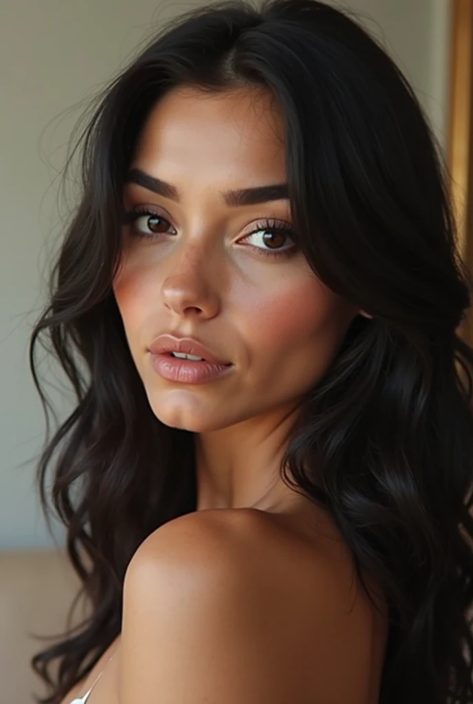 (masterpiece), (best quality:1.0), (ultra highres:1.0), closeup, 1 girl, detailed beautiful, face focus, tomboy, skinny, long hair, brazilian face, wallpaper 8k, (black colorful hair), beutiful woman, makeup, mirror photo, sexy underwear