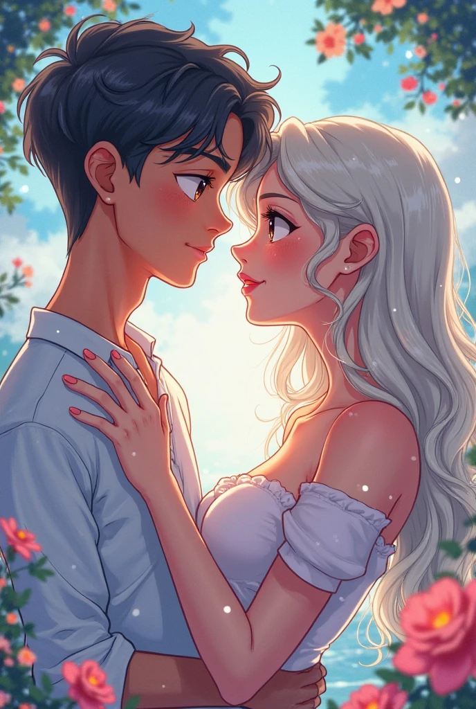 （desktop、Digital illustration、4K、8k、Super detailed、Beautiful images、Clear images、Perfect face shape、perfect lines、Perfect eyes、Soft light）1 female，（white hair、bun、innocent look、droopy eyebrows、Droopy eyes、round face，round chin，innocent and cute，Big blue crystal eyes，Natural makeup，gentle smile，E cup，2：1.3），2 men，The handsome guy in a vest on the right，（Humanity，Man in vest）vest，muscular，shoulder width，Masculine hairstyles，man in his 30s，A funny and lovesick face，The man on the left is 3，cold suit face，Toned muscles，Stylish hairstyle like a domineering boss 1.2)，The garden is filled with light，Lots of flowers，water level，Colorful flower light，（shy，shy的微笑：1.2））），resort sofa，kiss，kappurkiss，romantic，Couple looking at each otheght together，afternoon tea， Lunch