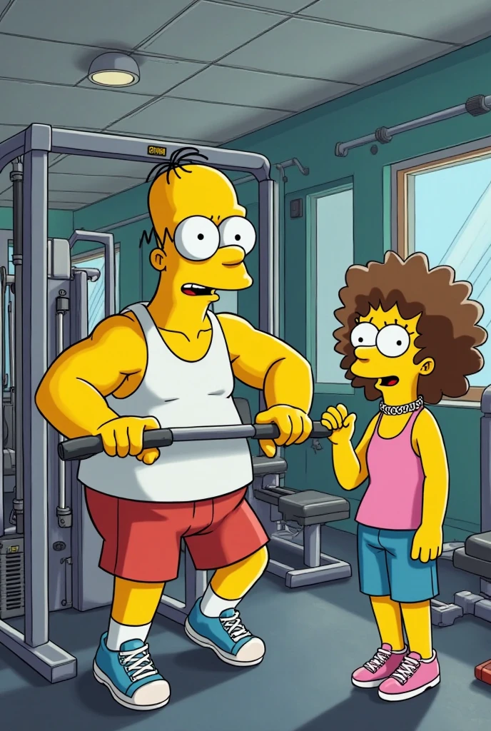 A living room setting where a woman with huge muscles wearing green bikini top and jeans trousers is standing in the middle of the pic and she is between two men and she is looking at them, the man on the left is wearing a striped shirt and the man on the right is wearing a brown sweater, muscle woman, woman with massive muscles