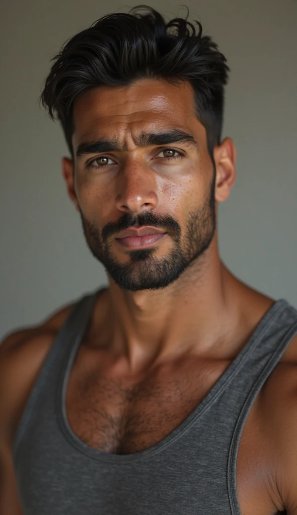 a latin man, 28 years old dark, without so much front, with comb over haircut for the side and medium black beard