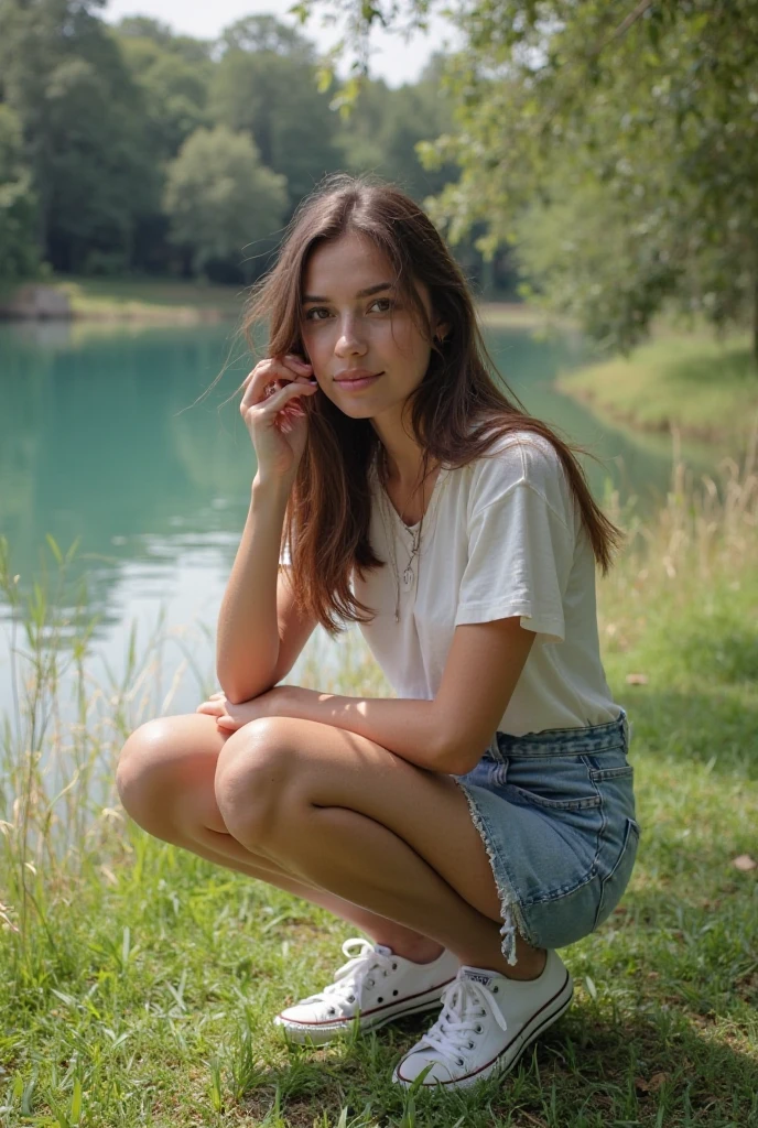 gritty raw photo of {beautiful young woman, 20 years old, long brown hair with colorful (violet, pink and blue) streaks, bright gray eyes}, [[wearing a cozy flannel shirt, distressed jeans, and hiking boots]], [[sitting on a rock by a serene river in a forest, looking at the water thoughtfully, early morning light]], fully covered, hyperrealism, 8K UHD, realistic skin texture, flawed skin, shot with Canon EOS 5D Mark IV, highly detailed, masterpiece

