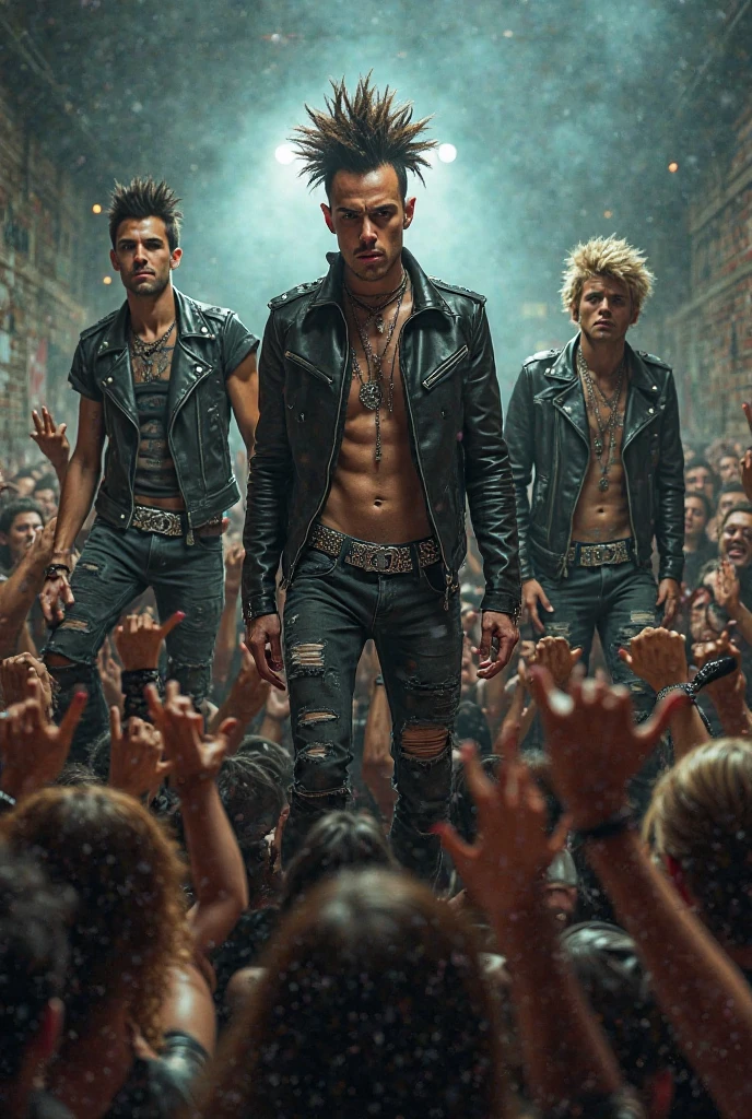A half body, portrait of 3 German men long blonde hair of 21 years, blue leather jackets, background of chains, chain, more chains, many chains, , red, red fire, many background flames.