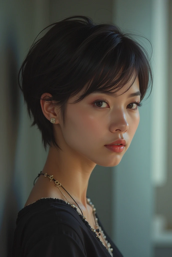 Elaizaikedareal, 1girl, beautiful detailed eyes, beautiful detailed lips, extremely detailed eyes and face, long eyelashes, 1 girl, solo, looking at viewer, short hair, bangs, brown hair, jewelry, earrings, outdoors, daylight, raised hands, beauty mark, soft focus, realistic, blurred background, photorealistic, (best quality,4k,8k,highres,masterpiece:1.2),ultra-detailed,(realistic,photorealistic,photo-realistic:1.37),vivid colors, studio lighting