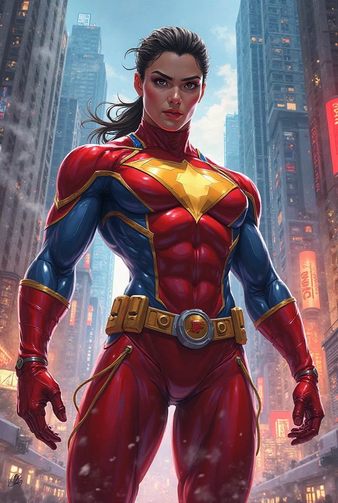 1girl, Stretcher the busty brunette comic book woman, masterpiece, beautiful, high quality, high definition, superb quality, highly detailed, super detailed, depth, happy, smiling, long hair, huge ponytail, slim, thin, athletic, womanly, rubbery, elastic woman, (white and red spandex, white and red legs, tight top), rubber body, brunette, ((huge breasts, slim waist)), city, heroic, cheerful, (bold nose, hawkish facial features),