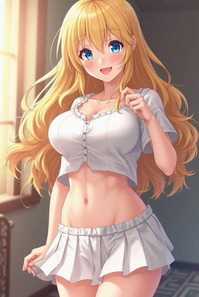 Masterpiece, Anime, A girl, One, Blushing Hard, Pouting cutely, Looking she's trying to get someone attention, Eighteen plus years old girl, White uniform and skirt, gal type, blonde hair, gyaru type, hot and attractive, big oppai, tall and curvy, school girl