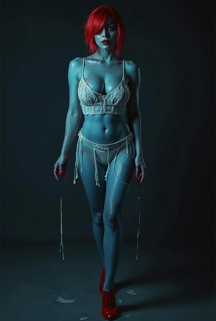 (A very thin and slender woman with visible bones, pale white skin, wet body, wearing only panties and bra, tatto , full body ,masterpiece:1.2),(photorealistic:1.37),(portrait,body horror,dark,gloomy,moody,cinematic lighting),(detailed eyes,detailed lips,extremely detailed face and body)
