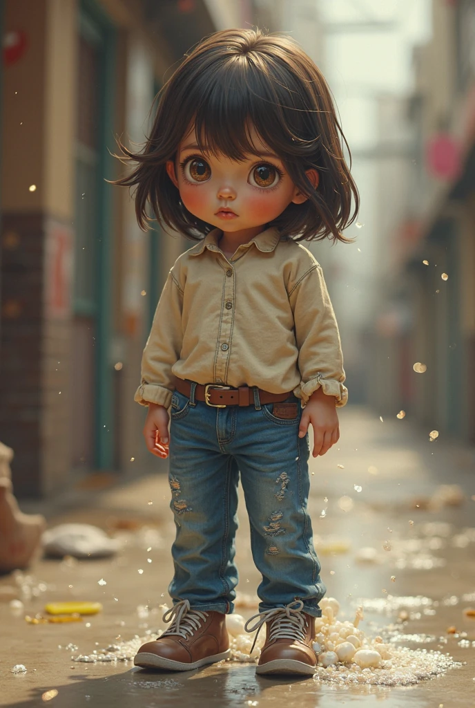 chibi, a little girl with pulando standing in front of a microphone, disney animation, pixar 3D, brown skin like soil, cold studio lighting, evokes feelings of joy, beautiful artist rendering, as a pixar character, kawai, wearing jeans, inspired by Sheila McClean, artist unknown, cherubic, by Charles Fremont Conner-imagine - --auto --s2