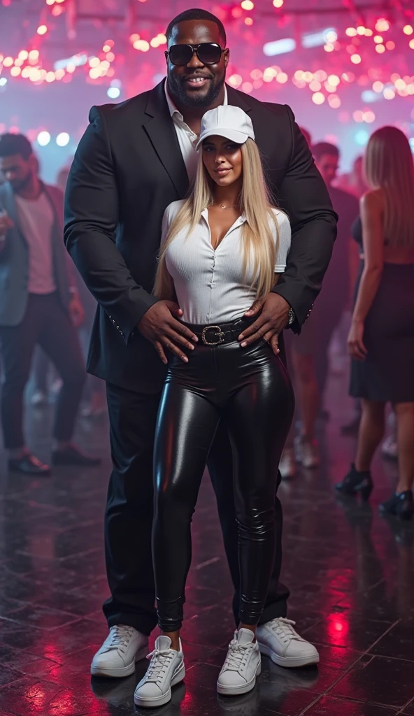 panoramic view full body, realistic, uhd, ((crowded club at night))(((interracial couple looking at each other))), (((big physical difference))), (( pale flirting))), (((large malicious older black male standing flirting big bulge)), (((sexual tension))), older male wrist grab, (((sexual innuendo))), dirty floor, rubbish and empty bottles, drunk people,