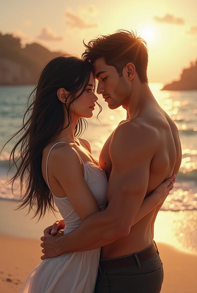 (2people:1.5) in a couple, eve and adam, in naked body, close up, on the beach with sunset view, hugging each to another, front to back, eve is a beautiful girl, naked, slender body,  sexy posture, clear and bright skin, brunette hair in ponytail, huge breast. Adam is a man with a bit muscular, naked, good hand, perfect hand, wearing nothing, hug eve's breast up, romantic ambient, photon mapping, intimate atmosphere, soft color