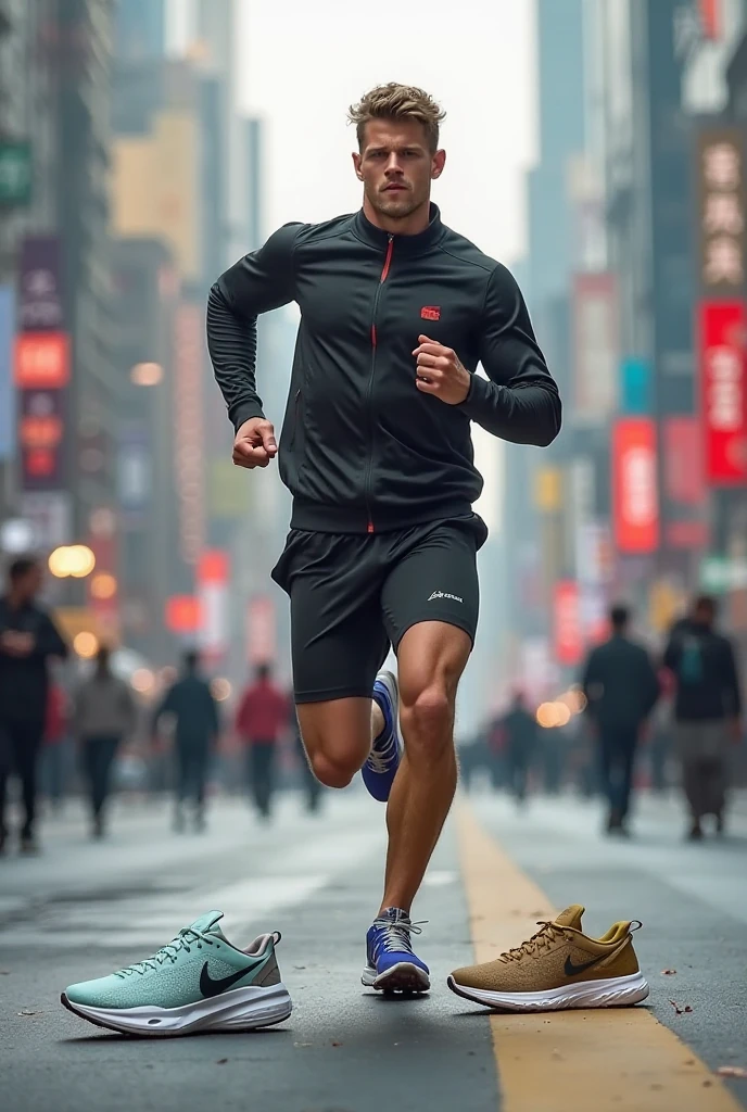 Jran gunhilldr from genshin impact running in the street of new york in the wet weather