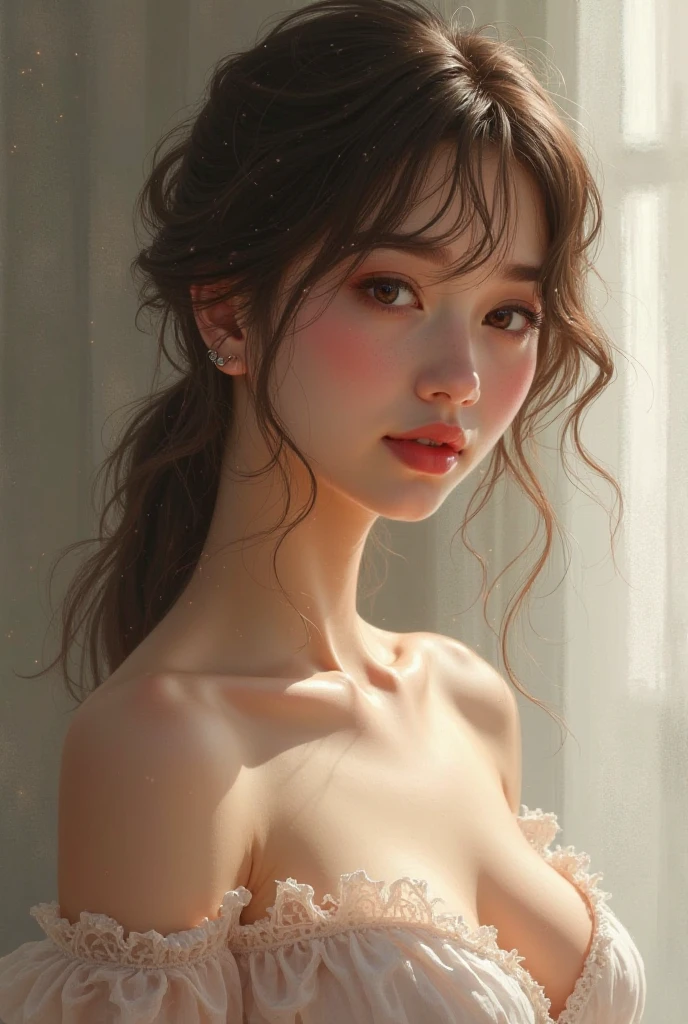(((Masterpiece))), (((portrait))), Kujou Sara, diffused light, dynamic shadows, sharp focus, realistic, detailed, highres, absurdres, white background, no bra, photorealistic, lifelike, wet, mascara, blushing, sleeveless, youthful appearance, pee stain, white panties, (((nudist))), (((swept bangs))), (((side braided ponytails))), (((lips apart))), (((side))),