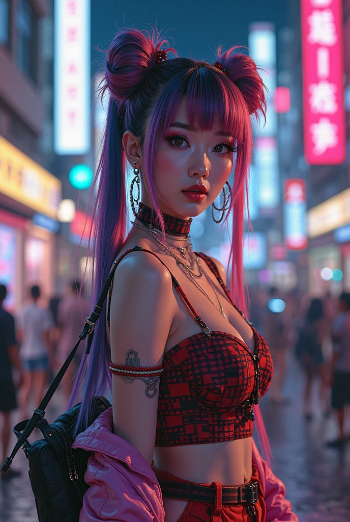 Fille sexy japonaise cheveux rouge tatoo au visage en lingerie avec de gros seins percing et un gros cul , Background in a Cyberpunk style city