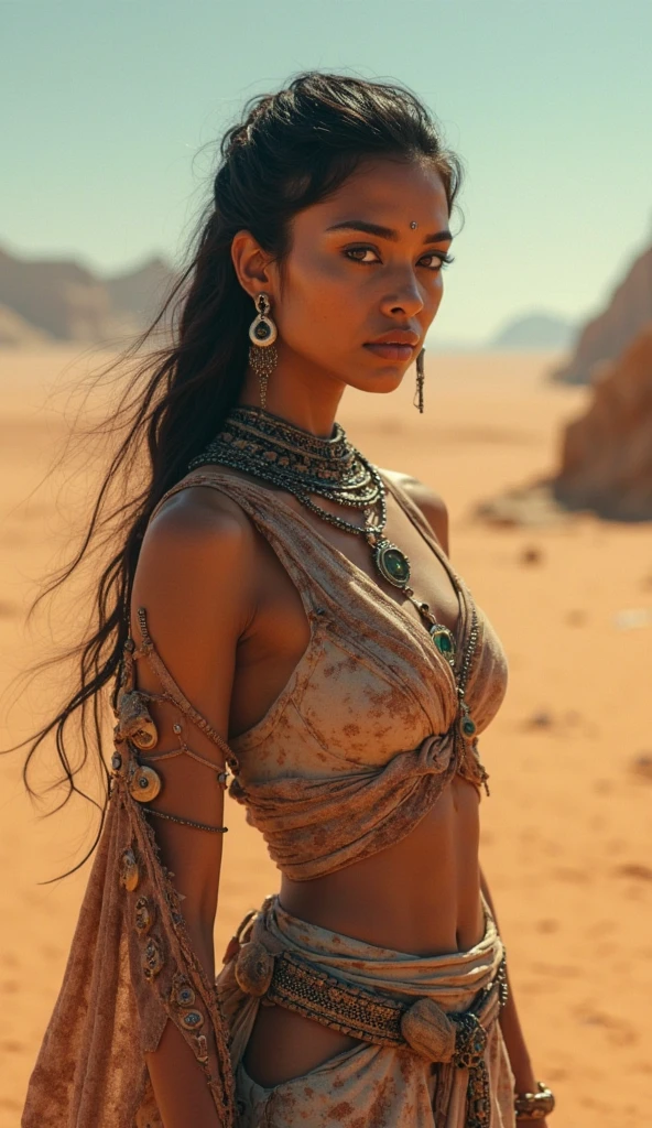 Zendaya is a beautiful naked woman. gigantic breasts. In ragged clothing called in Aztec jewelry on. sunset behind her. Dramatic lighting. Photographed on Sony a7 iv. 12k ultra HD