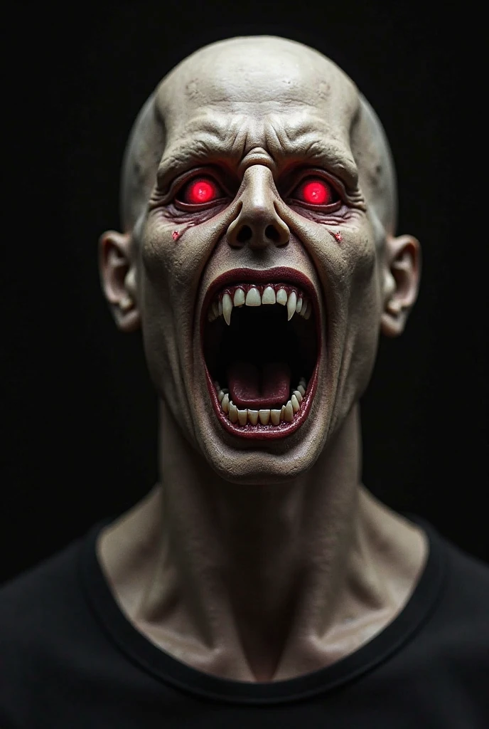 maniacal laugh, mouth wide open, eyes with red light, dark, zombie gray skin, black jersey