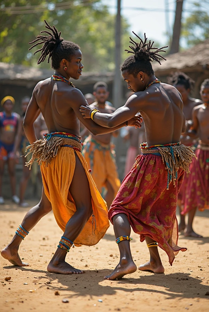 Deux joueurs de capoeira, ils sont noirs, il y a des joueurs dd tambour. Digital art, graphisme réaliste