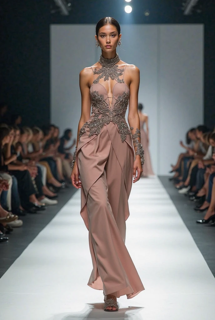 Fashion show circa 1965, model wearing an intricate, detail-rich gown adorned with crystalline embellishments and elaborate jewelry, sequins, and (black latex accents), in the style of Valentino, walking down a runway in a vibrant, striped, and colorful catwalk, cinematic lighting highlighting the scene, pink tonal colors dominating the atmosphere, delicate pink flower details subtly incorporated into the design, the runway reflecting the vivid patterns and colors, fashion photography style, cap