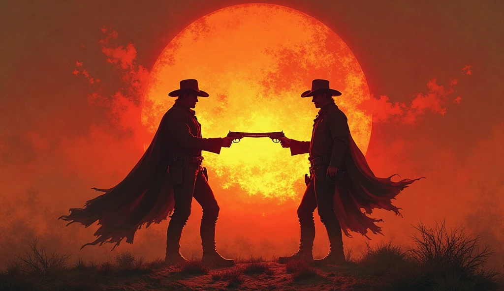 Two gunslingers dueling in the desert, Desert, red sun, scorching sun, arid, silhouette, black clothes