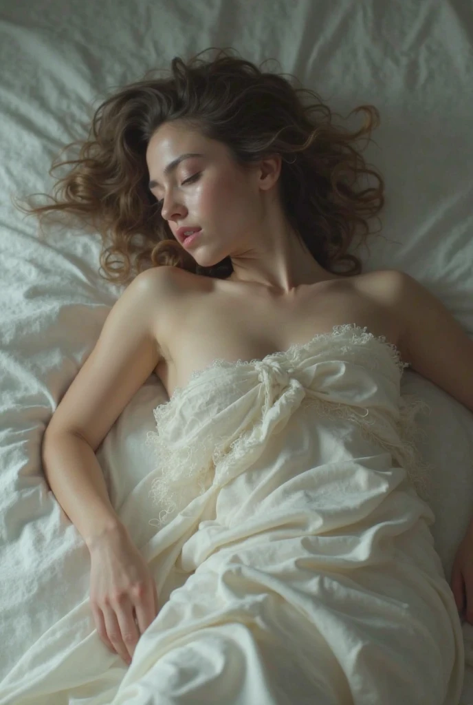 Woman lying in bed, all beautiful and naked, on her back.