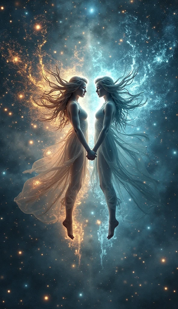 1. **Gemini Symbol**: The Gemini symbol is represented by two parallel vertical lines, symbolizing the twins. In a galactic style, draw the symbol with a glow effect and color variation, perhaps with lines that seem to intertwine or reflect moving starlight, to represent duality and versatility. 2. **Colors and Style**: Use a color palette that includes shades of light blue, Plata, and touches of green and lilac. The background can be a dynamic space, with bright stars and nebulae in various colors, creating a sense of continuous energy and movement. 3. **Additional Elements**: Incorporate elements that represent Gemini's curiosity and duality. Include two ethereal figures, representing the twins, made of starlight, floating or interacting in space. Add details like interlocking constellations or cosmic patterns that symbolize the exchange of ideas and communication. 4. **Texture and Effects**: Use cosmic energy textures and light effects to create a sense of constant movement and exchange. Add subtle glows and starburst effects around the symbols and figures to reflect Gemini's multifaceted and vibrant nature.