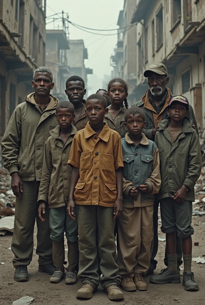eight black children in a destroyed city in a dystopian future, sci-fi, dirty clothes, futuristic look, dirty and wounded faces, 8k, masterpiece, high detail, photorealism.