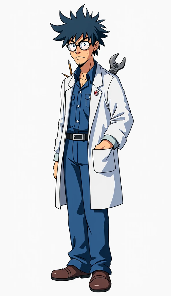 young man, {( (face) similar to Shinji Ikari)}, ((youthful)), (passionate), (softhearted), (socially awkward), (meek), (bashful), (dorky), (doglike), 19-year-old, ( (combed) parted (dark brown hair) ), (glossy light skin), ( ((big)) ((tired)) (green eyes) ), (((doctor))), (((fighter))), ( (skintight) (long sleeve) (black) ((compression shirt)) ), ( (tight) (dark gray) ((compression pants)) ), ( (brown) ((combat boots)) ), ( (tight) (light gray) ((lab coat)) (with buttons) ), (huge bulge in pants), tall, ripped, shredded, amazing physique, strong body, toned abs, big round shoulders, toned quadriceps, well-toned muscles, well-trained muscles, powerful muscles, peak condition, vascular, high muscle mass, sweating, sweaty, training in a dojo alone, tense atmosphere, amazing lighting, backlight, ((masterpiece)), ((full shot)), ((90s anime))