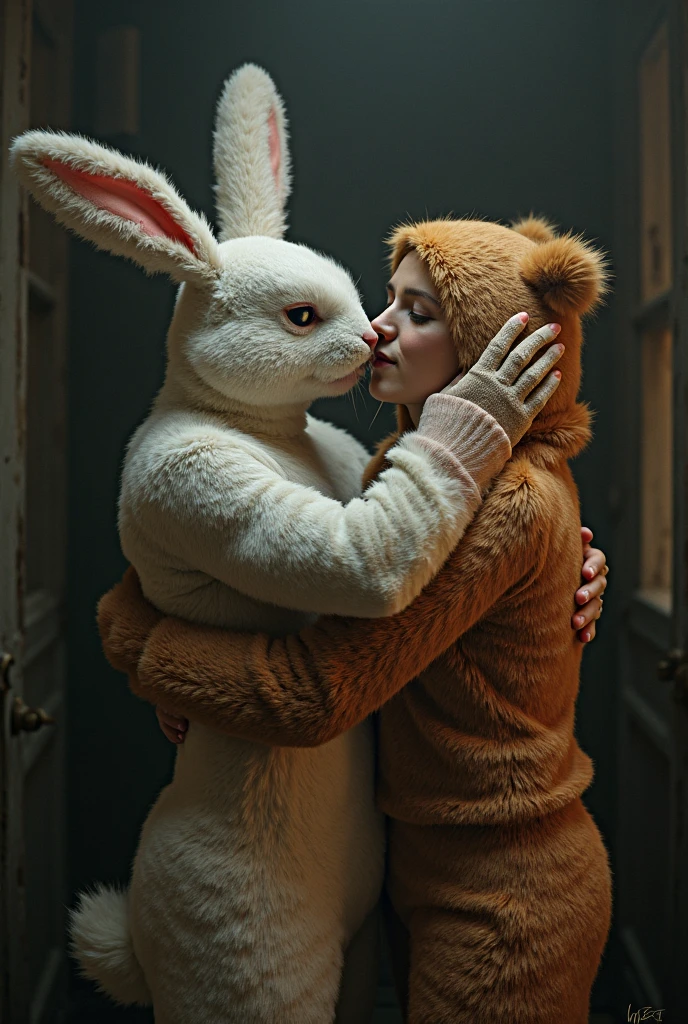 HDR photo, (upper body shot ) of a couple, wearing White rabbit costume, rabbit head hood, rabbit tail, white leggings, white slippers teasing playfully, detailed face, located in a romantic scene at a quiet historic site during night with warm weather, illuminated by dimly lit, creating a gentle atmosphere, ,Masterpiece,best quality, photo, realistic, very aesthetic