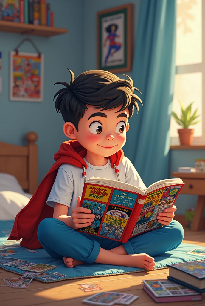 COLOR PAGE OF A CHILD WITH A SUPERHERO CAPE READING A BOOK 
