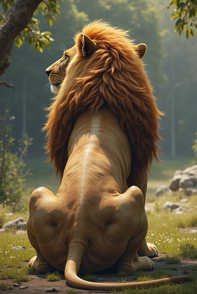 Sauvage, velues, detailed paws, detailed tail, back photo, detailed anus, big testicles, realisitic, cum on anus, cum on the balls, gazing at viewer, seducer, hanging on cum, Lion, Lion king, on the savannah, face detailed, gasping, enjoying, tongue out, after sex , cum on the back, muscled body, Dick em ASS, lateral view