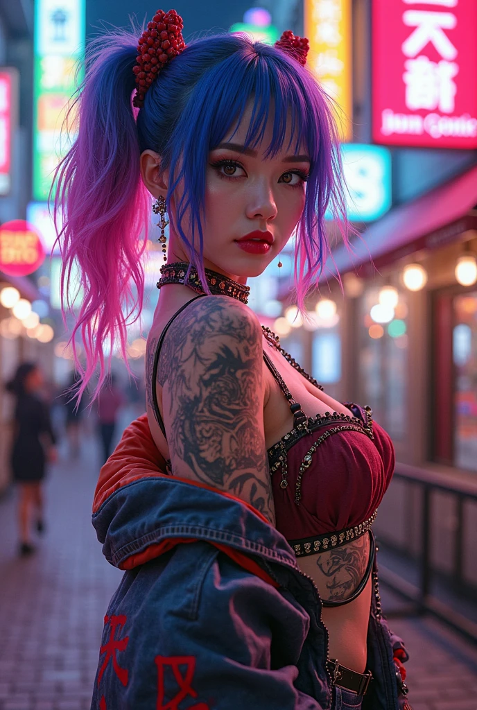 4k,CG Digital rendering,wallpaper,illustration,absurdres,Ultra HD,incredibly absurdres,masterpiece,amazing,finely detail,original,beautiful-detailed eyes,tyndall effect,dynamic angle,cyberpunk city,night,
(1girl:1.5),(solo),((streetwear)),toon,medium breasts,nsfw,shorts,((Sexual suggestion)),(standing),leaning forward,earrings,cat_ears,ribbon choker,(cleavage),((colorful streaked hair)),((( gradient hair))),
neon light,, ((painting, canvas, fine art)), detailedHDR, portrait, 50mm, F/2.8, 1m away,
