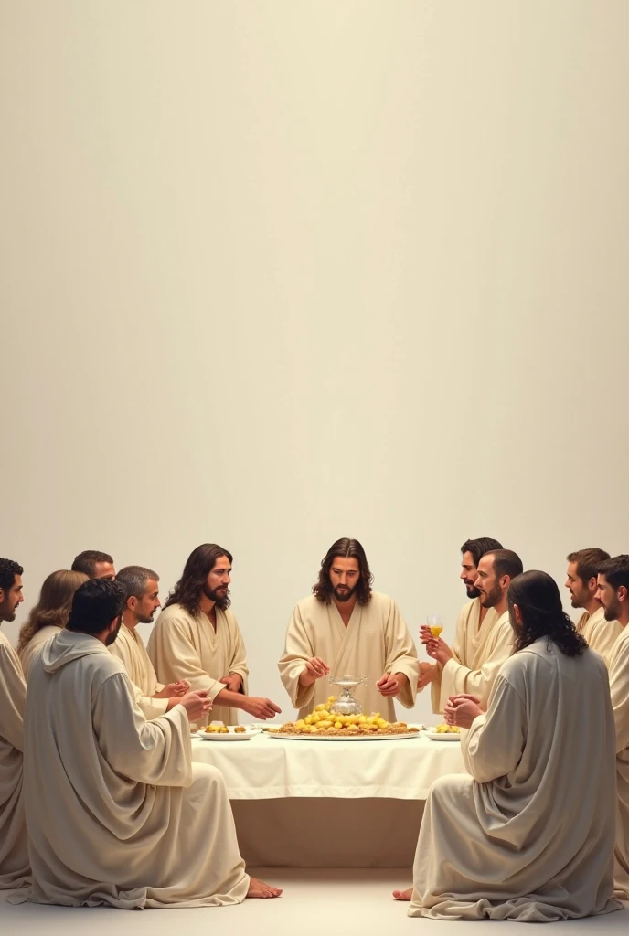 "Create 13 men for me: one representing Jesus Christ and 12 men representing the 12 apostles of Christ, all including Jesus Christ, in angelic clothing but without wings. They should all be seated in modern chairs around a long table, similar to Leonardo da Vinci's painting, with a beautiful tablecloth and several loaves of bread from that time on the table. Jesus Christ should be in the center, with 6 men to his right and 6 to his left, representing the 12 apostles. All should be dressed in angelic robes, without wings and in white garments, including Jesus Christ. The look should be more modern and adapted to the year 2024, with a more fashionable style. The only difference is that Jesus Christ should wear a sash over his left shoulder, descending to his right hip, with the phrase 'King of Kings' written on the sash over Jesus Christ."