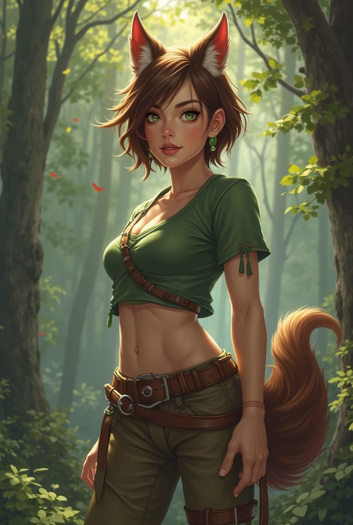 (((Masterpiece))),((top quality)),one beautiful girl,Pale, (An anthropomorphic monkey character: 1.5), (((Beautiful girl with human face:1.5)))、((brown fur:1.5)))、(belly button)、(monkey tail:1.5),(plain clothes), (skin revealing),(The background is forest 1.5).(((from the front:1.5)))、(straight front: 1.5)、(((look back:1.5)))、